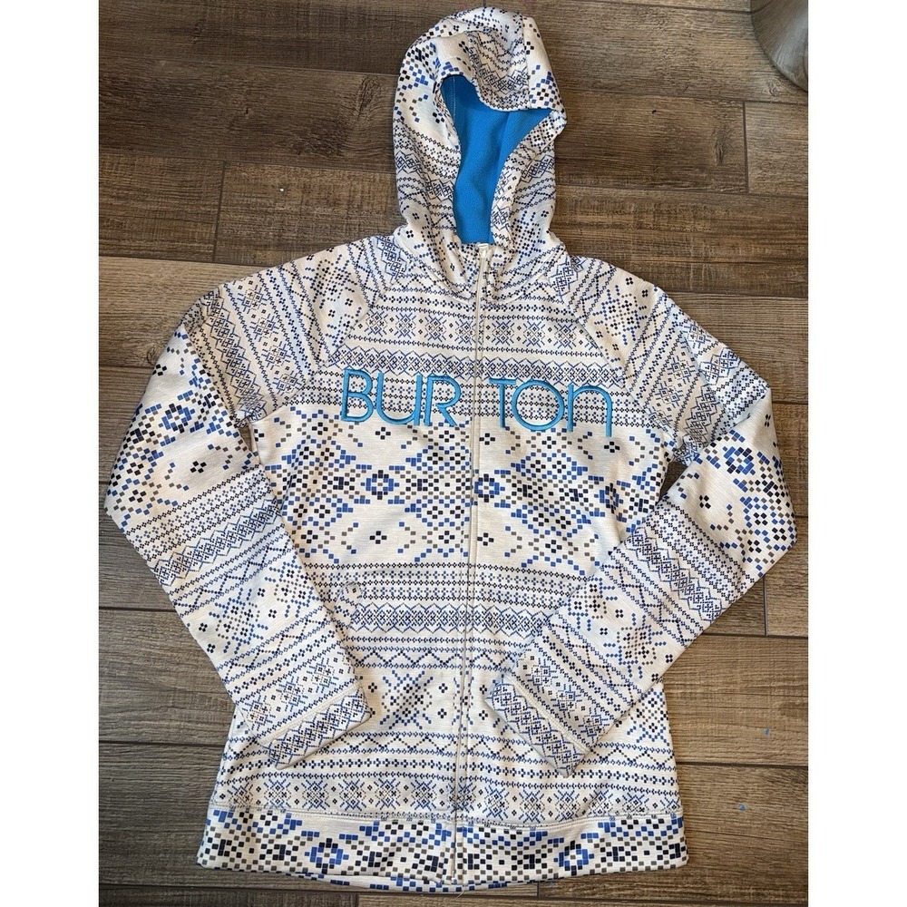 Burton Womens Full Zip Hoodie Blue White Fair Isle Fleece Lined Sweatshirt M